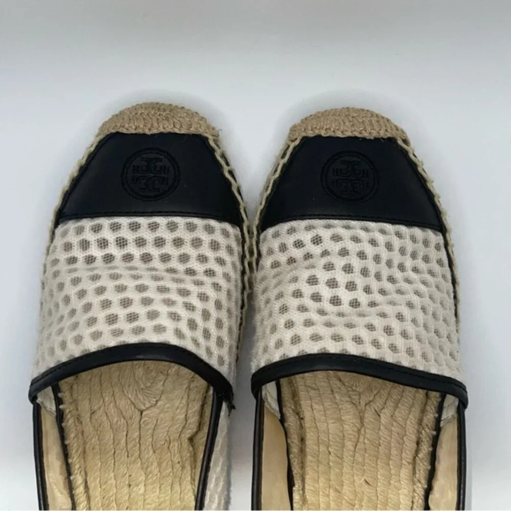 Tory Burch Espadrilles Women Size 6.5 US Black White Mesh Vegan‎ Leather Grenada